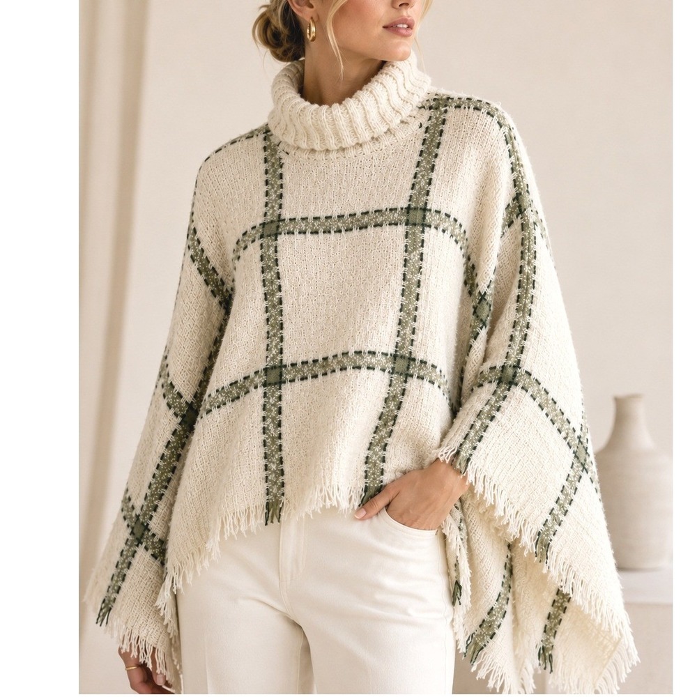 World Market Cozy Plaid Turtleneck Poncho Sweater Cream Green Fringe Boho